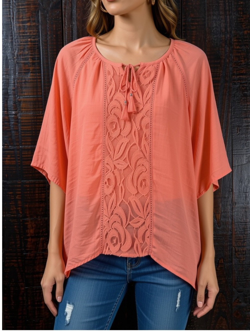 Style & Co.  Coral Lace-Trim Asymmetrical Peasant Top XS